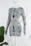 Black Street Dot Hollowed Out Patchwork V Neck One Step Skirt Dresses