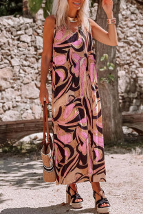 Pink Casual Print Basic V Neck Long Dress Dresses