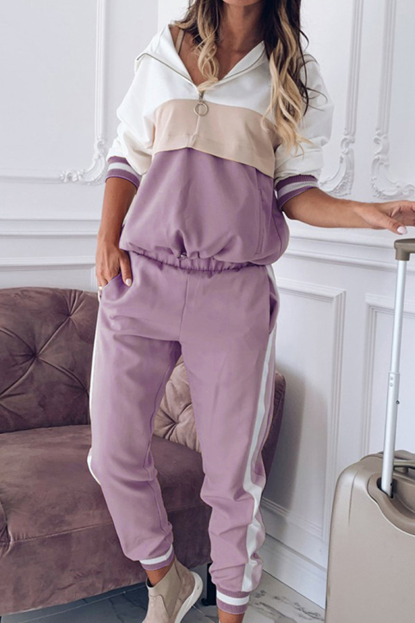 Purple Casual Patchwork Contrast Hooded Collar Long Sleeve Two Pieces