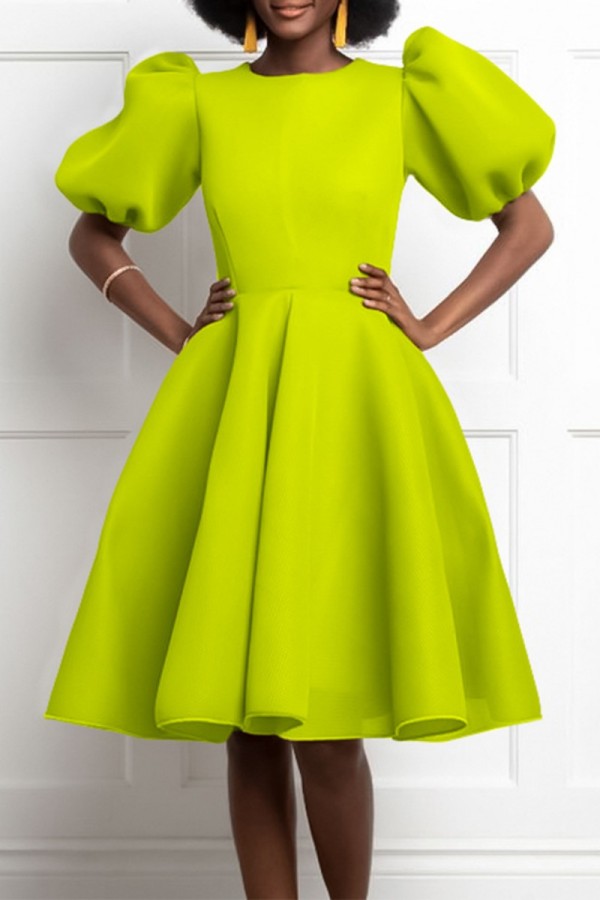 Fruit Green Casual Solid Patchwork O Neck A Line Short Sleeve Dress