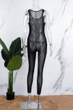 Rose Red Sexy Casual Solid See-through U Neck Skinny Jumpsuits (Subject To The Actual Object)