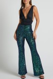 Malachite Green Casual Patchwork Sequins Skinny High Waist Conventional Patchwork Trousers