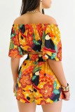 Apricot Casual Print Frenulum Off the Shoulder Short Sleeve Two Pieces