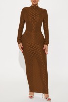 Coffee Sexy Plaid See-through Turtleneck Long Sleeve Dresses