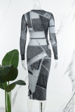 Blue Street Geometric Patchwork Slit O Neck One Step Skirt Dresses