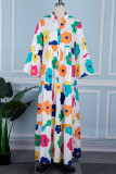 Yellow Casual Print Patchwork Shirt Collar Long Dress Dresses