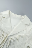 White Casual Solid Tassel Patchwork Turndown Collar Outerwear