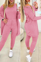 Pink Casual Solid Basic O Neck Long Sleeve Three Piece Set