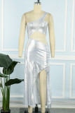 Silver Sexy Solid Hollowed Out Slit Fold Oblique Collar Irregular Dress Dresses
