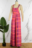 Rose Red Casual Plaid Print Patchwork Backless Spaghetti Strap Regular Jumpsuits (Without Bandeau Top)