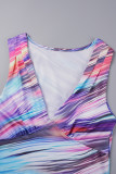 Colour Street Print Bandage Patchwork Fold V Neck One Step Skirt Dresses