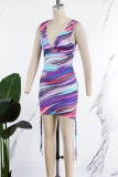 Colour Street Print Bandage Patchwork Fold V Neck One Step Skirt Dresses