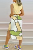 Light Green Casual Print Slit O Neck Sleeveless Two Pieces