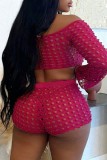 Rose Red Sexy Solid Hollowed Out See-through Off the Shoulder Long Sleeve Two Pieces