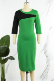 Green Elegant Solid Color Block Patchwork Contrast Zipper O Neck Wrapped Skirt Dresses