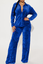 Royal Blue Casual Solid Patchwork Turndown Collar Long Sleeve Two Pieces