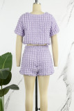 Purple Casual Solid Basic O Neck Short Sleeve Two Pieces