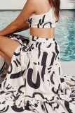White Casual Print Backless Slit Oblique Collar Sleeveless Two Pieces