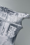 Grey Casual Print Backless Off the Shoulder One Step Skirt Dresses