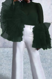 Green Sexy Solid See-through Fold O Neck Tops(The Sleeve Shall Be Subject To The Drawing)