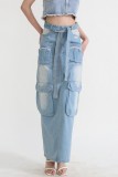 Baby Blue Casual Patchwork Basic Regular High Waist Conventional Patchwork Skirts