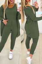 Green Casual Solid Basic O Neck Long Sleeve Three Piece Set