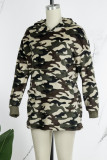 Army Green Casual Camouflage Print Patchwork Hooded Collar Long Sleeve Dresses