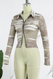 Brown Casual Print Patchwork Zipper Turndown Collar Tops