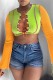 Fluorescent Yellow Sexy Casual Patchwork Frenulum Contrast O Neck Tops