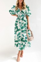 Green Casual Print Patchwork V Neck Short Sleeve Dress Dresses