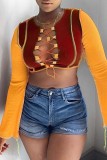 Rose Red Sexy Casual Patchwork Frenulum Contrast O Neck Tops