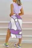 Purple Casual Print Slit O Neck Sleeveless Two Pieces