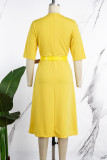 Pink Elegant Solid Patchwork Buckle V Neck A Line Dresses(With a belt)