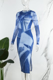 Blue Street Geometric Patchwork Slit O Neck One Step Skirt Dresses