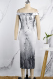 Grey Casual Print Backless Off the Shoulder One Step Skirt Dresses