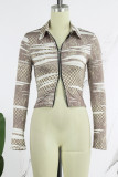 Brown Casual Print Patchwork Zipper Turndown Collar Tops