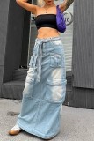 Baby Blue Casual Patchwork Basic Regular High Waist Conventional Patchwork Skirts