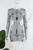 Black Street Dot Hollowed Out Patchwork V Neck One Step Skirt Dresses