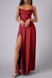 Red Sexy Casual Solid Backless Cross Straps Slit Spaghetti Strap Long Dress Dresses