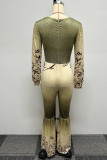 Green Casual Daily Gradual Change Floral Patchwork Printing V Neck Regular Jumpsuits