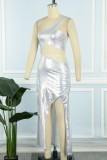 Silver Sexy Solid Hollowed Out Slit Fold Oblique Collar Irregular Dress Dresses