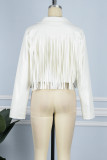 White Casual Solid Tassel Patchwork Turndown Collar Outerwear