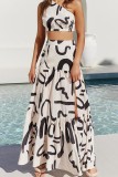 White Casual Print Backless Slit Oblique Collar Sleeveless Two Pieces