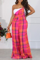 Rose Red Casual Plaid Print Patchwork Backless Spaghetti Strap Regular Jumpsuits (Without Bandeau Top)
