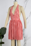 Pink Sexy Casual Solid Backless Halter Pleated Dresses