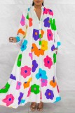 Yellow Casual Print Patchwork Shirt Collar Long Dress Dresses