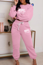 Pink Letter Print Basic O Neck Long Sleeve Two Pieces