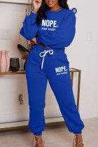 Blue Letter Print Basic O Neck Long Sleeve Two Pieces