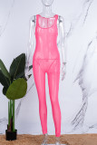 Rose Red Sexy Casual Solid See-through U Neck Skinny Jumpsuits (Subject To The Actual Object)