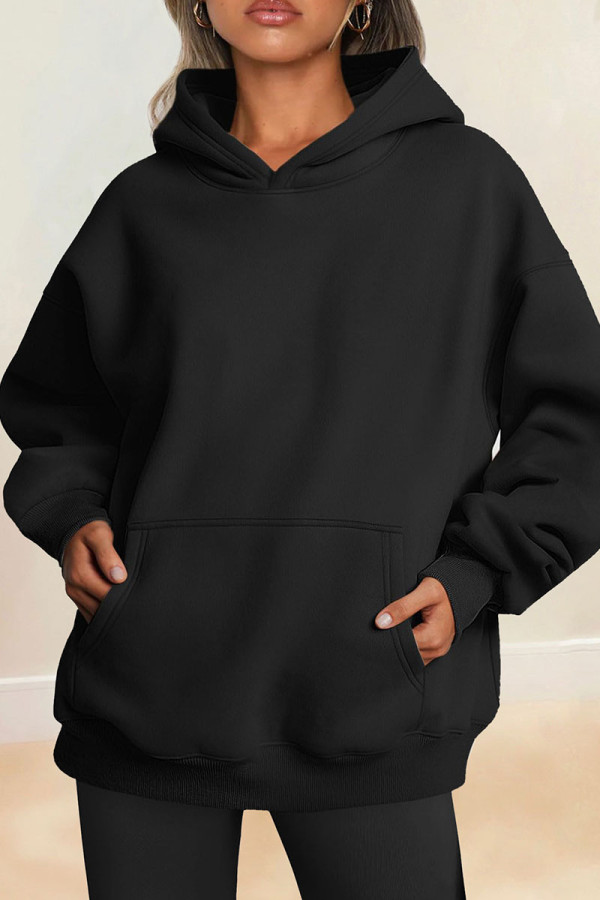 Black Casual Solid Basic Hooded Collar Tops